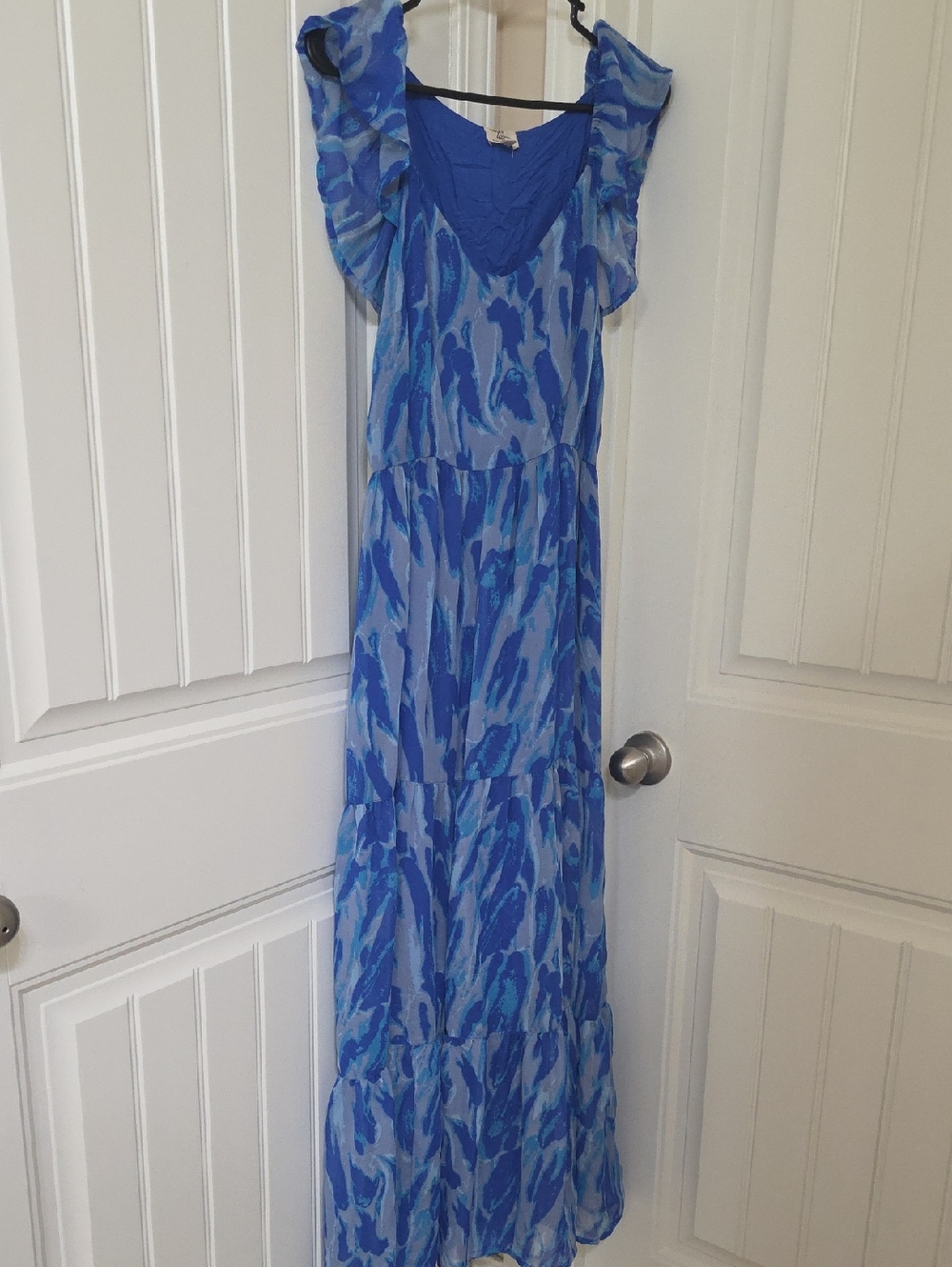 Blue Printed Tiered Maxi Dress with Ruffle Shoulders